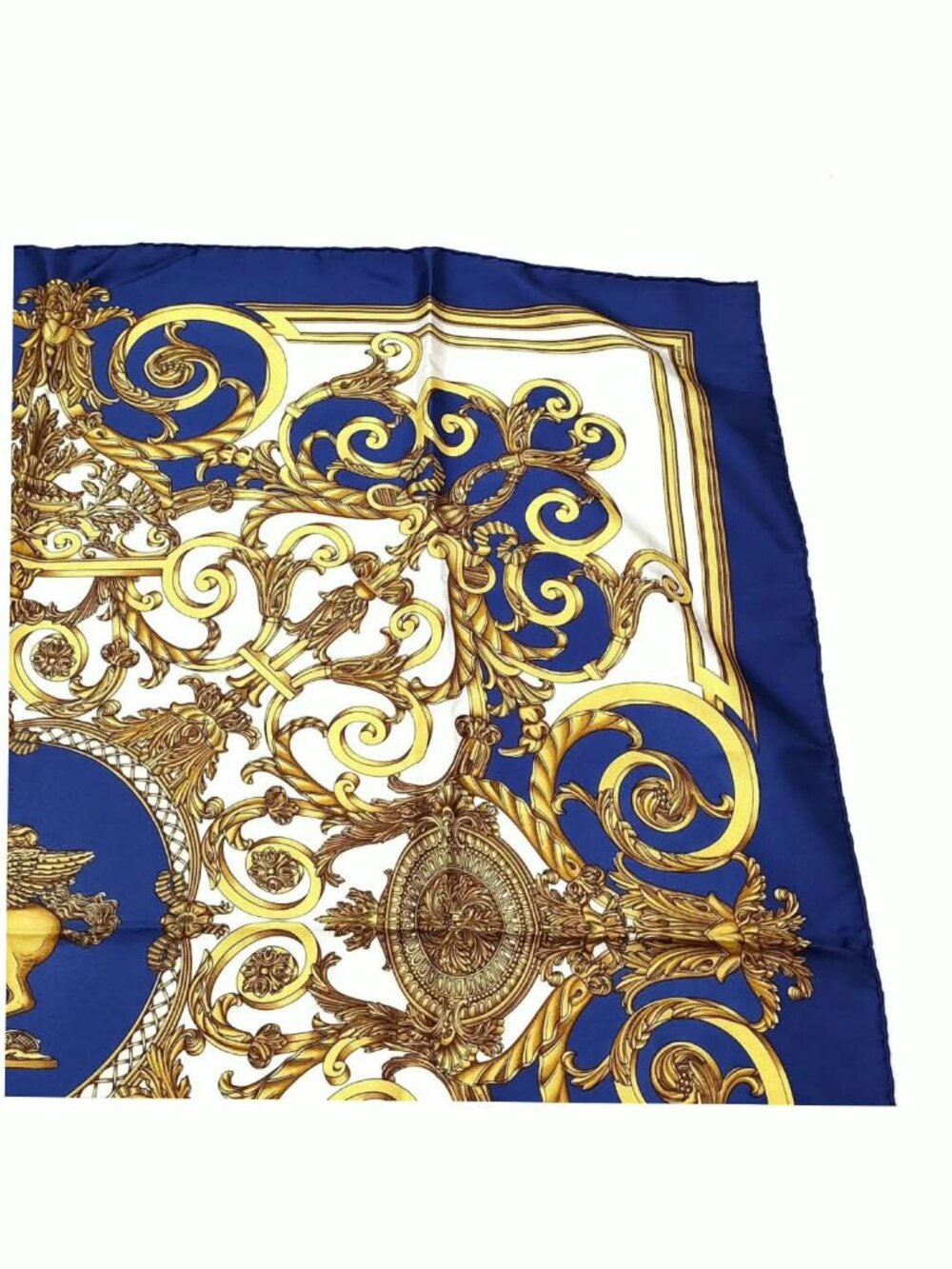 Authentic Hermès Silk Scarf Blue Gold Baroque Print Carré 90 - Picture 6 of 10